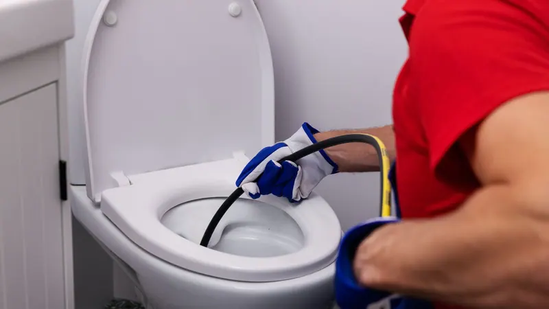Technician clearing a commercial restroom drain with an auger