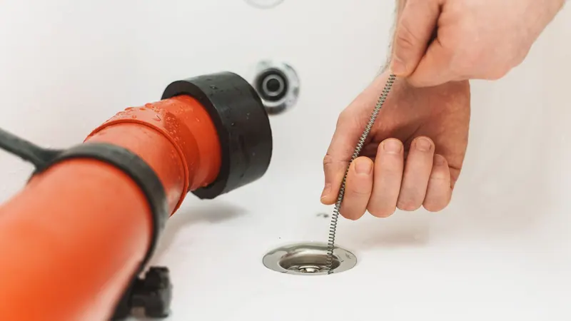 Plumber clearing a clogged sink drain with a drain snake