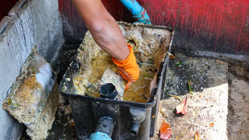 Grease trap being cleaned out at a commercial kitchen