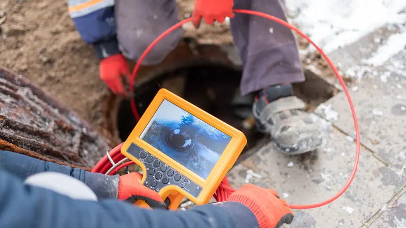 Plumber reading a sewer camera inspection monitor at a cleanout